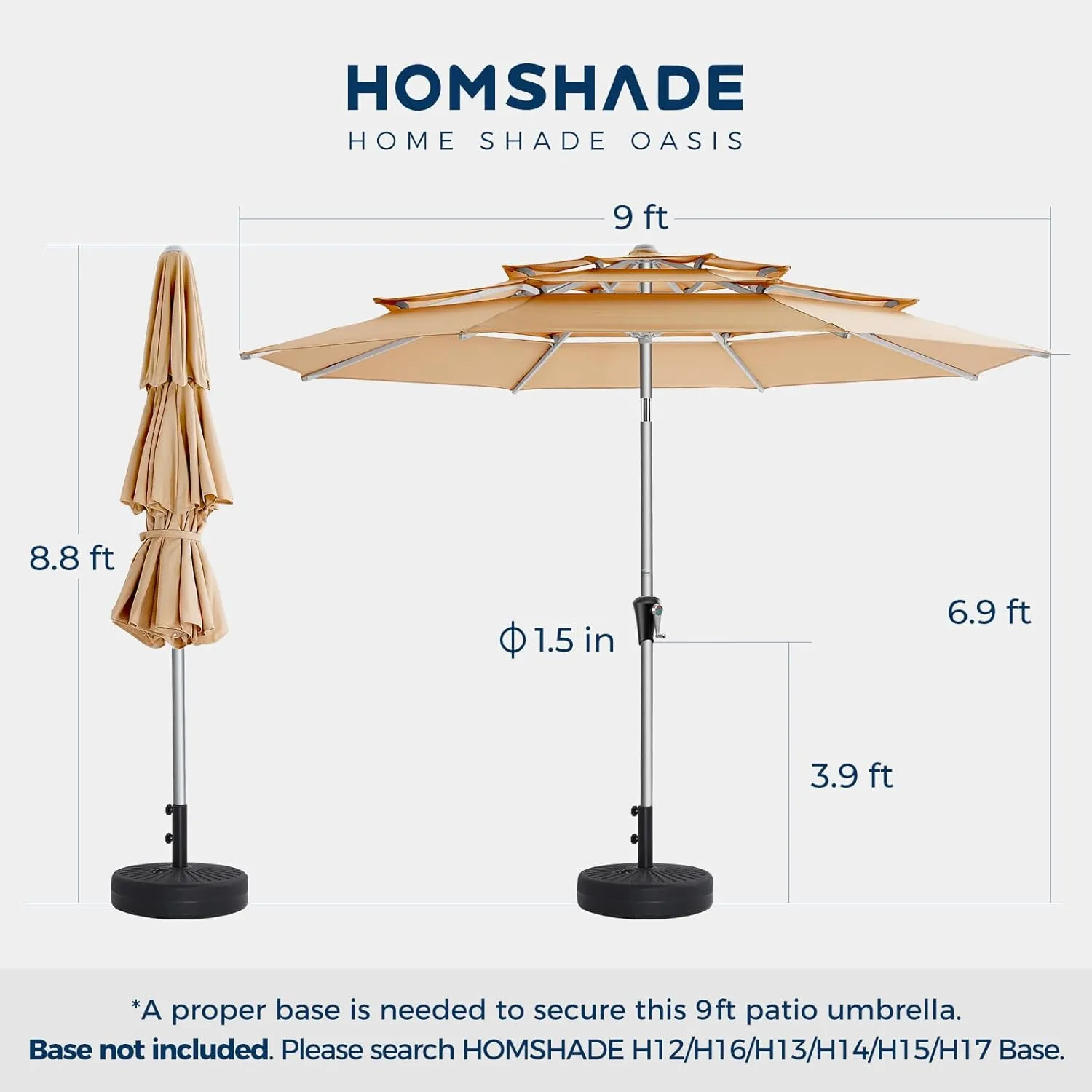9ft Aluminum Patio Umbrella - 3 Tiers Vented Outdoor Commercial Market Table Umbrella, Heavy Duty Wind Proof Deck Pool Umbrellas UPF50  UV Protection 5-Year Fade Resistant (Beige)