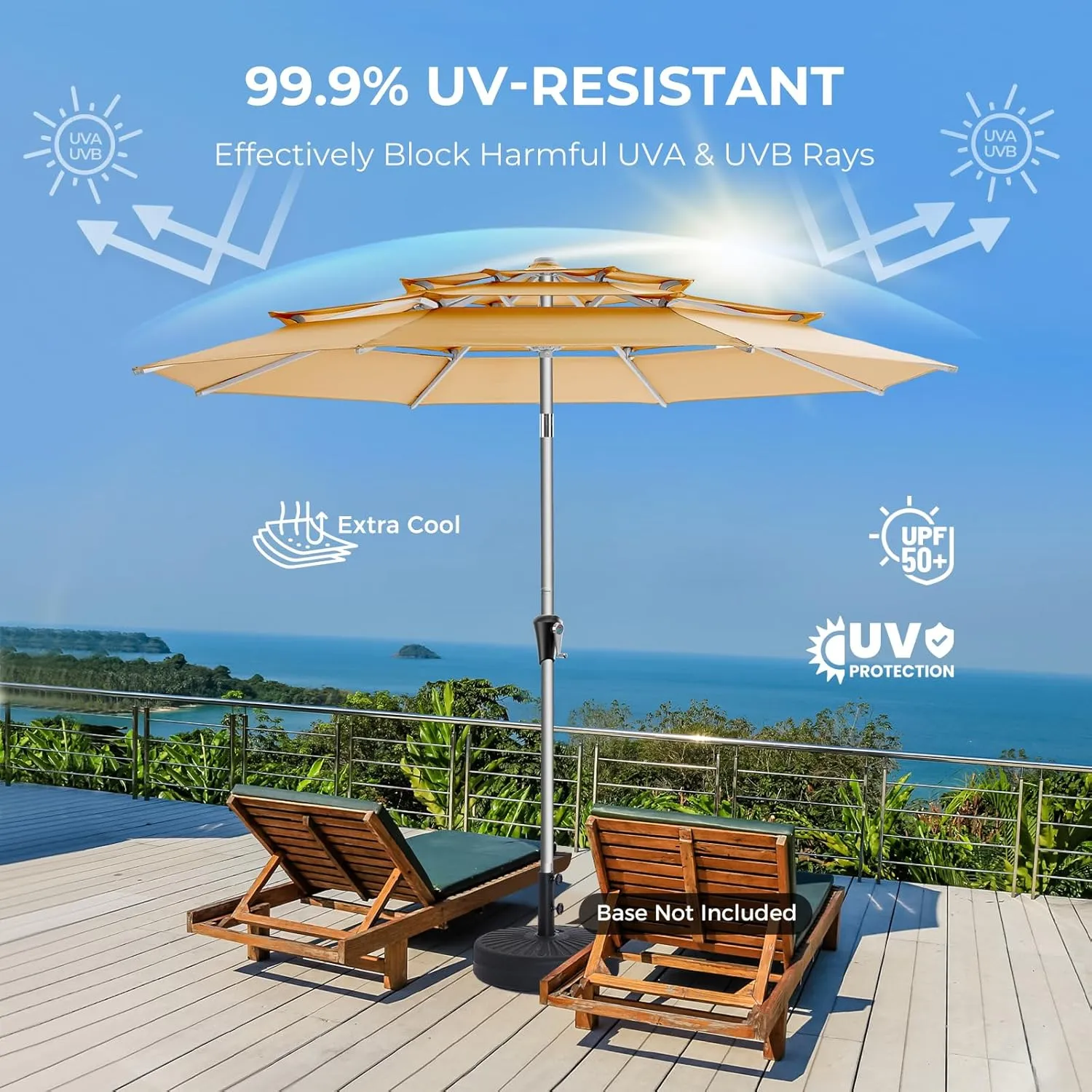 9ft Aluminum Patio Umbrella - 3 Tiers Vented Outdoor Commercial Market Table Umbrella, Heavy Duty Wind Proof Deck Pool Umbrellas UPF50  UV Protection 5-Year Fade Resistant (Beige)