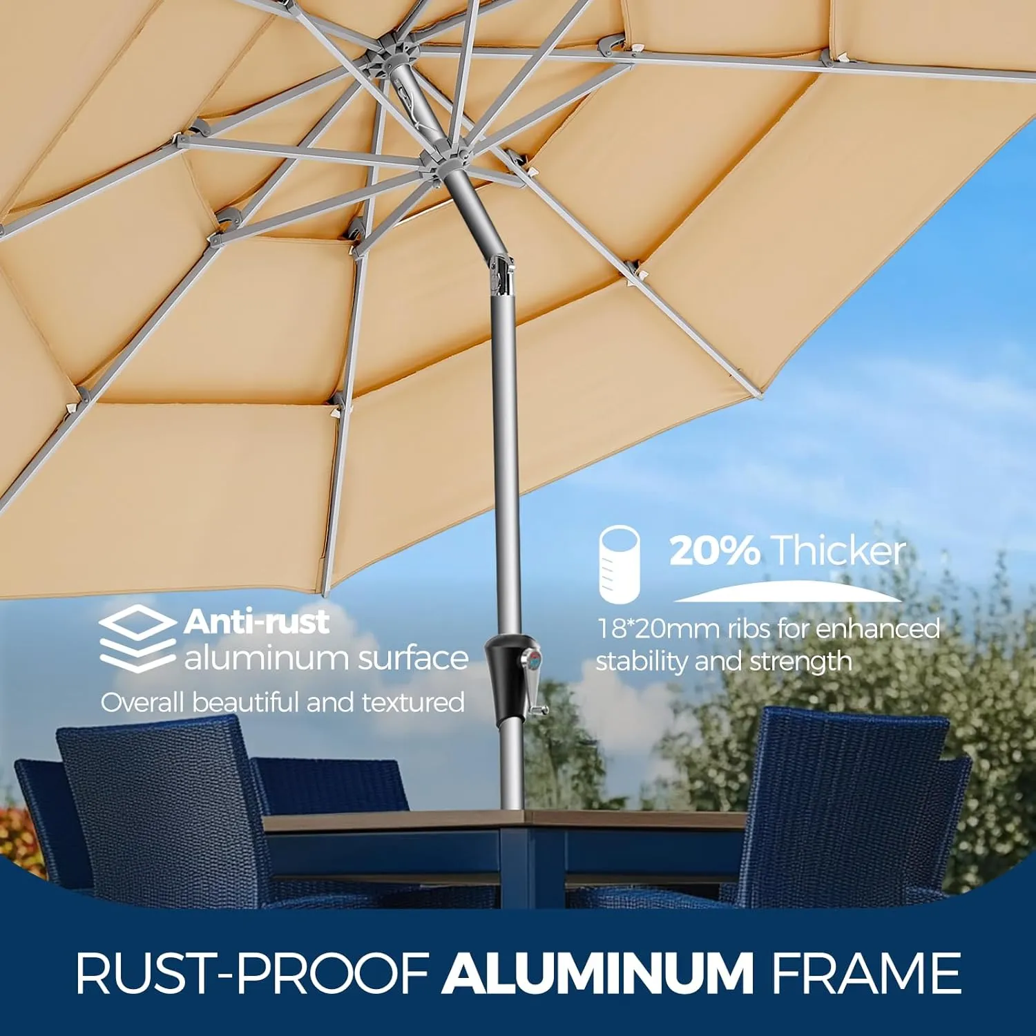9ft Aluminum Patio Umbrella - 3 Tiers Vented Outdoor Commercial Market Table Umbrella, Heavy Duty Wind Proof Deck Pool Umbrellas UPF50  UV Protection 5-Year Fade Resistant (Beige)