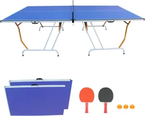 9ft Mid-Size Foldable Table Tennis Table Set - Portable Ping Pong Table for Indoor & Outdoor Games with Net, 2 Paddles, and 3 Balls