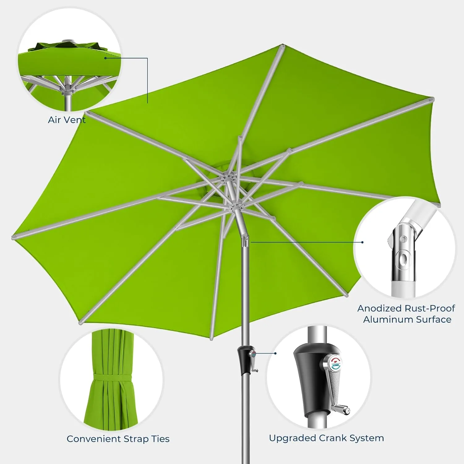 9ft Outdoor Patio Umbrella - Market Table Aluminum Umbrella, 5-Year Fade Resistant - UPF50  UV Protection with Push Button Tilt, Crank for Pool Deck and Garden (Lime Green)