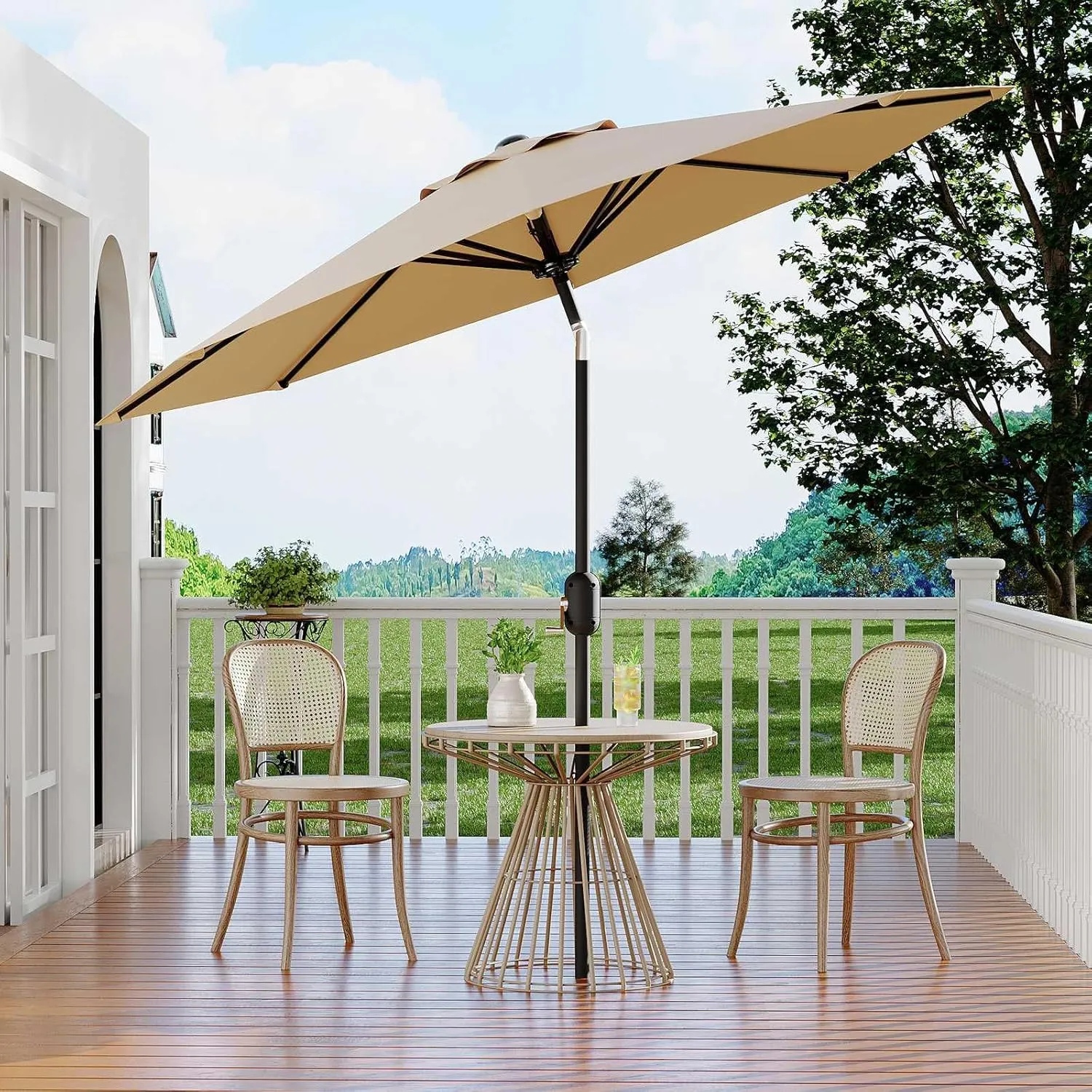 9Ft Patio Umbrella - 8 Sturdy Ribs Outdoor Table Umbrella with Crank Lift & Push Button Tilt - Market Umbrella for Pool, Deck, Yard, Garden - Tan