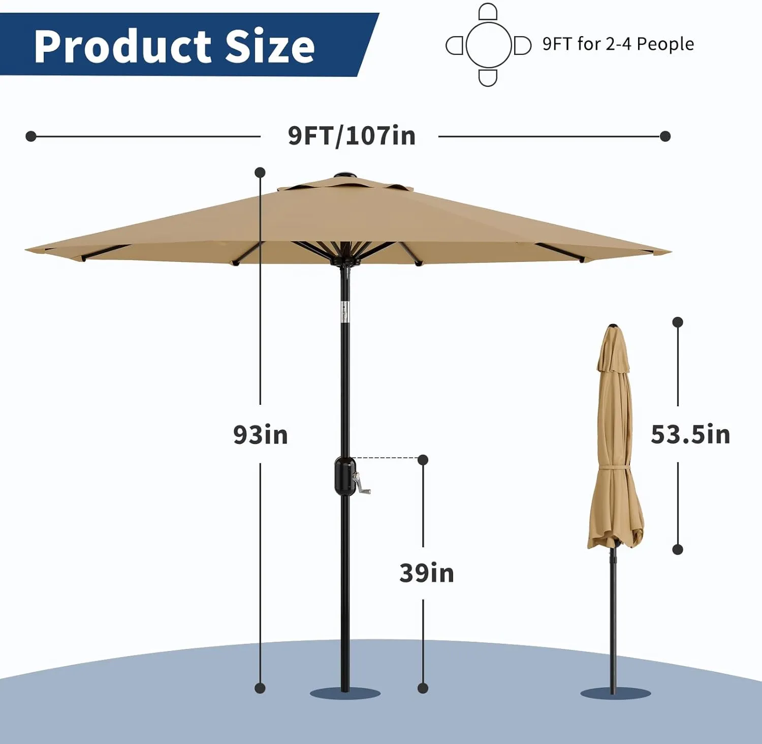 9Ft Patio Umbrella - 8 Sturdy Ribs Outdoor Table Umbrella with Crank Lift & Push Button Tilt - Market Umbrella for Pool, Deck, Yard, Garden - Tan