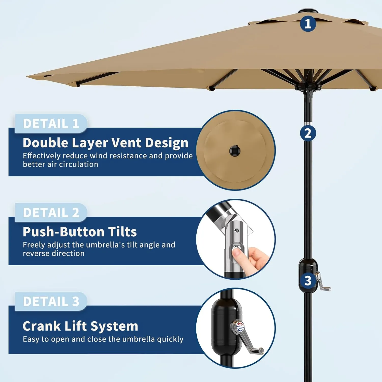 9Ft Patio Umbrella - 8 Sturdy Ribs Outdoor Table Umbrella with Crank Lift & Push Button Tilt - Market Umbrella for Pool, Deck, Yard, Garden - Tan