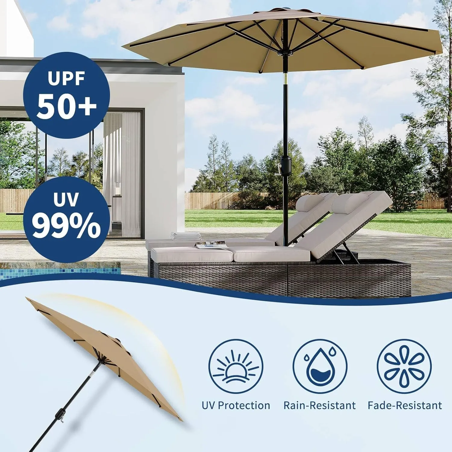 9Ft Patio Umbrella - 8 Sturdy Ribs Outdoor Table Umbrella with Crank Lift & Push Button Tilt - Market Umbrella for Pool, Deck, Yard, Garden - Tan
