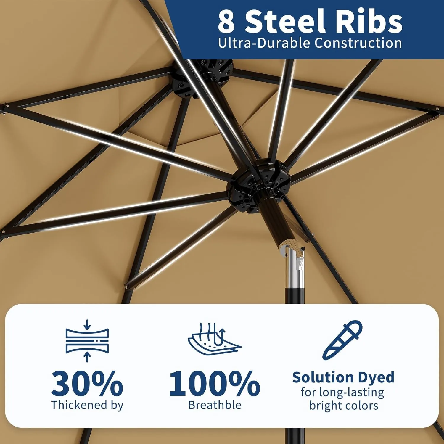 9Ft Patio Umbrella - 8 Sturdy Ribs Outdoor Table Umbrella with Crank Lift & Push Button Tilt - Market Umbrella for Pool, Deck, Yard, Garden - Tan
