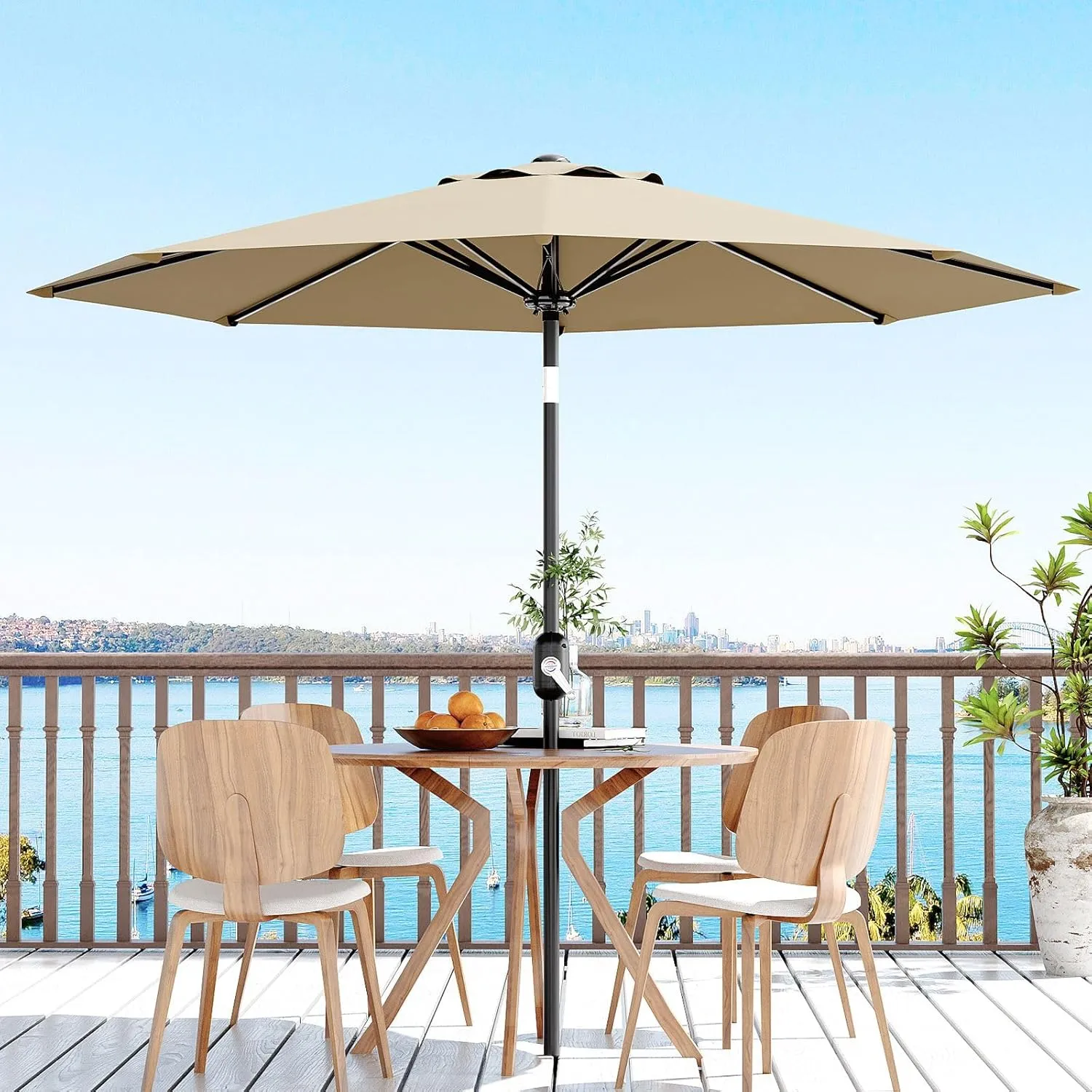 9Ft Patio Umbrella - 8 Sturdy Ribs Outdoor Table Umbrella with Crank Lift & Push Button Tilt - Market Umbrella for Pool, Deck, Yard, Garden - Tan