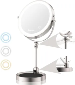 9" Makeup Mirror with Light, 12X/1X Lighted Magnifying Mirror, Angle Adjustable & 3 Color Dimmable, 360°Rotatable Rechargeable Double Sided Desk Mirror with Light
