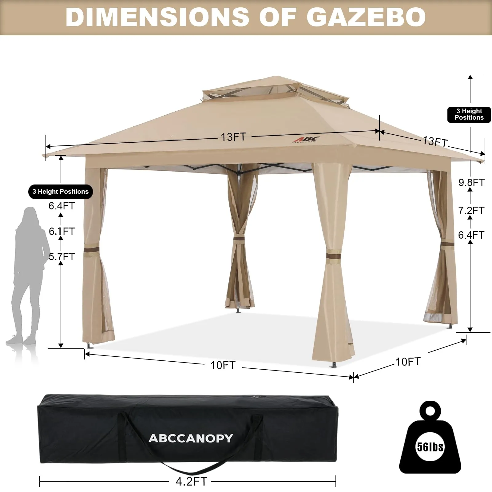 ABCCANOPY 13x13 Pop Up Gazebo, Outdoor Canopy Tent, Instant Screened Shelter with Mosquito Netting for Patio, Garden, Backyard, Party, Camping (Khaki)