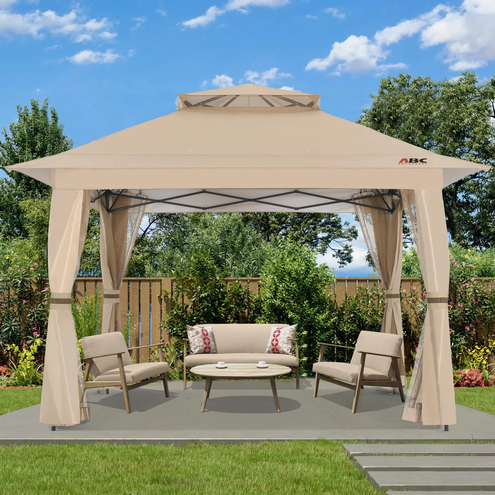 ABCCANOPY 13x13 Pop Up Gazebo, Outdoor Canopy Tent, Instant Screened Shelter with Mosquito Netting for Patio, Garden, Backyard, Party, Camping (Khaki)