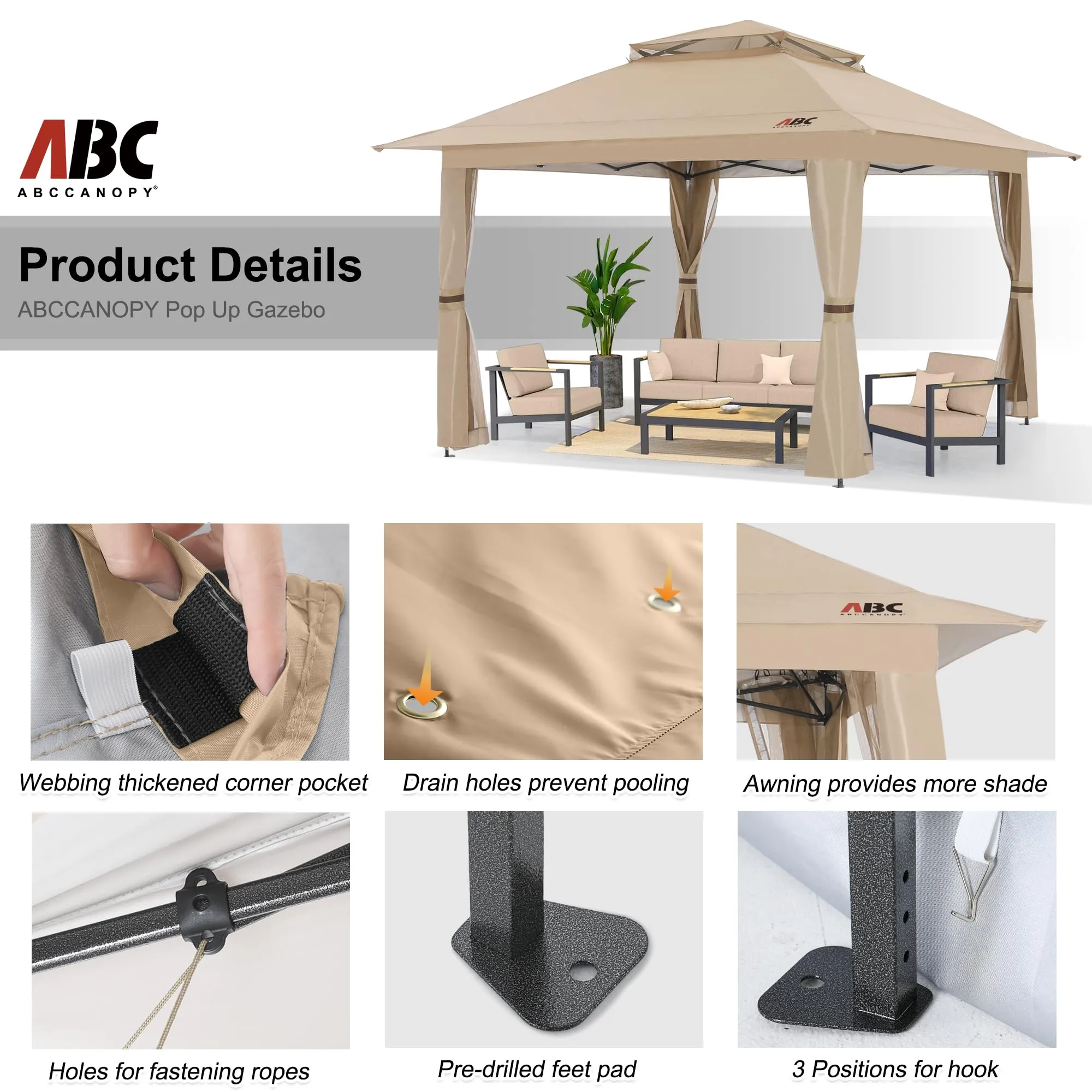 ABCCANOPY 13x13 Pop Up Gazebo, Outdoor Canopy Tent, Instant Screened Shelter with Mosquito Netting for Patio, Garden, Backyard, Party, Camping (Khaki)