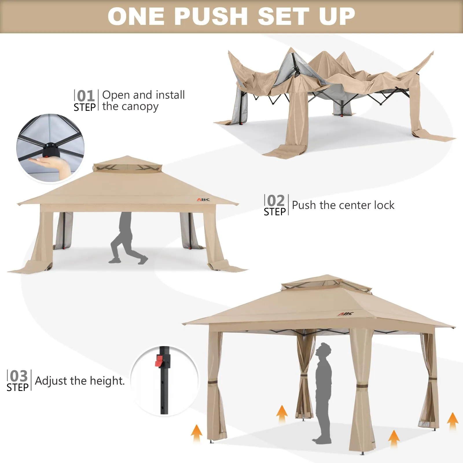 ABCCANOPY 13x13 Pop Up Gazebo, Outdoor Canopy Tent, Instant Screened Shelter with Mosquito Netting for Patio, Garden, Backyard, Party, Camping (Khaki)