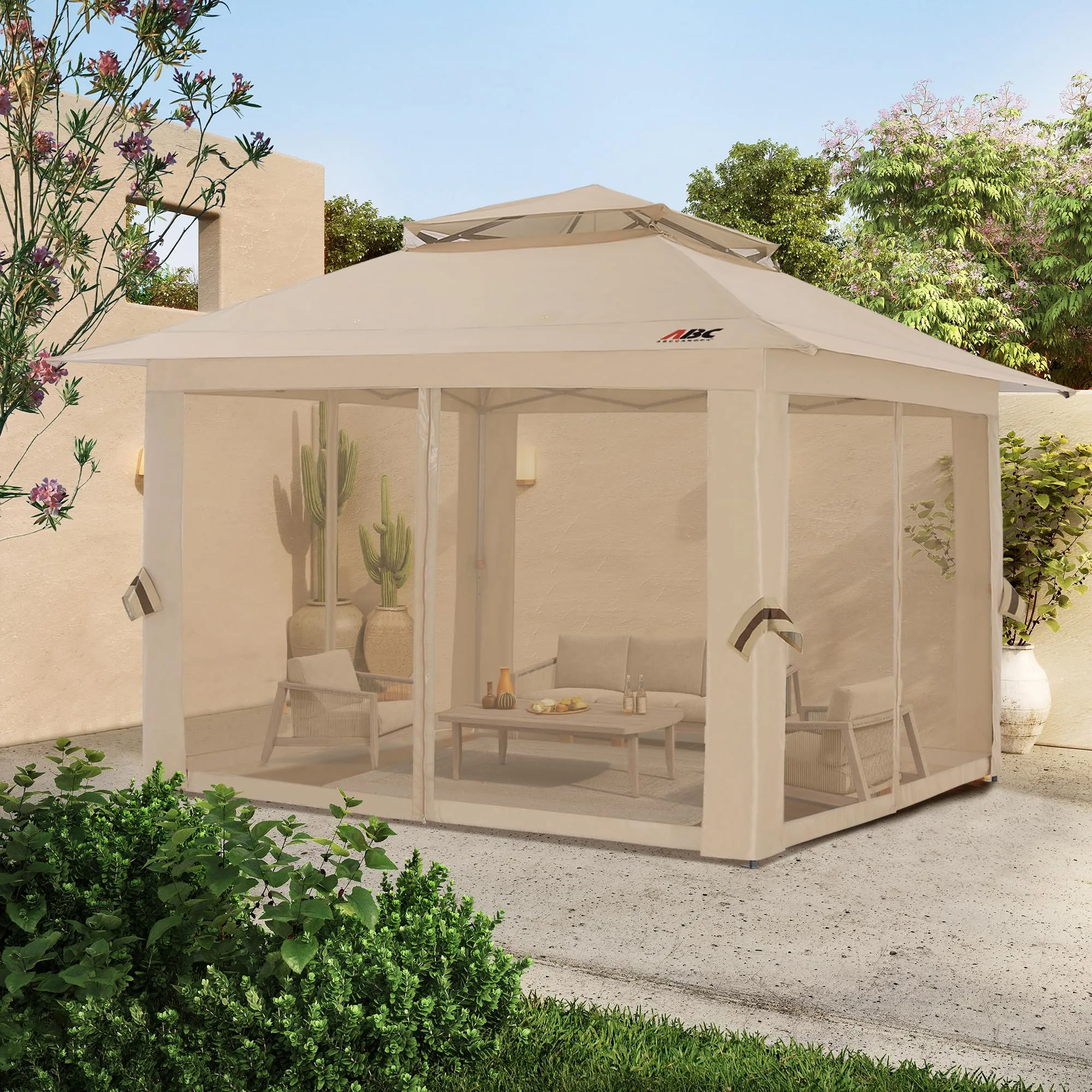 ABCCANOPY 13x13 Pop Up Gazebo, Outdoor Canopy Tent, Instant Screened Shelter with Mosquito Netting for Patio, Garden, Backyard, Party, Camping (Khaki)