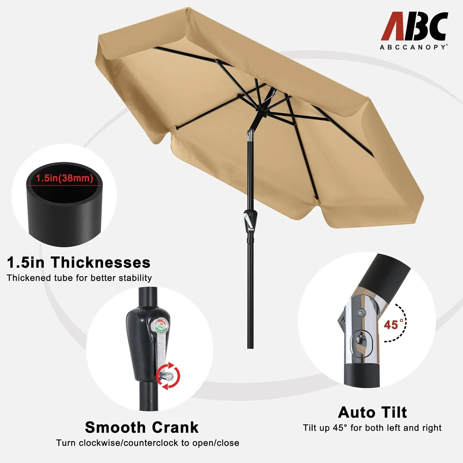 ABCCANOPY 7.5ft Patio Umbrella, Outdoor Table Umbrella with Push Button Tilt and Crank, Market Umbrella for Patio Pool, Garden, Deck (Tan)