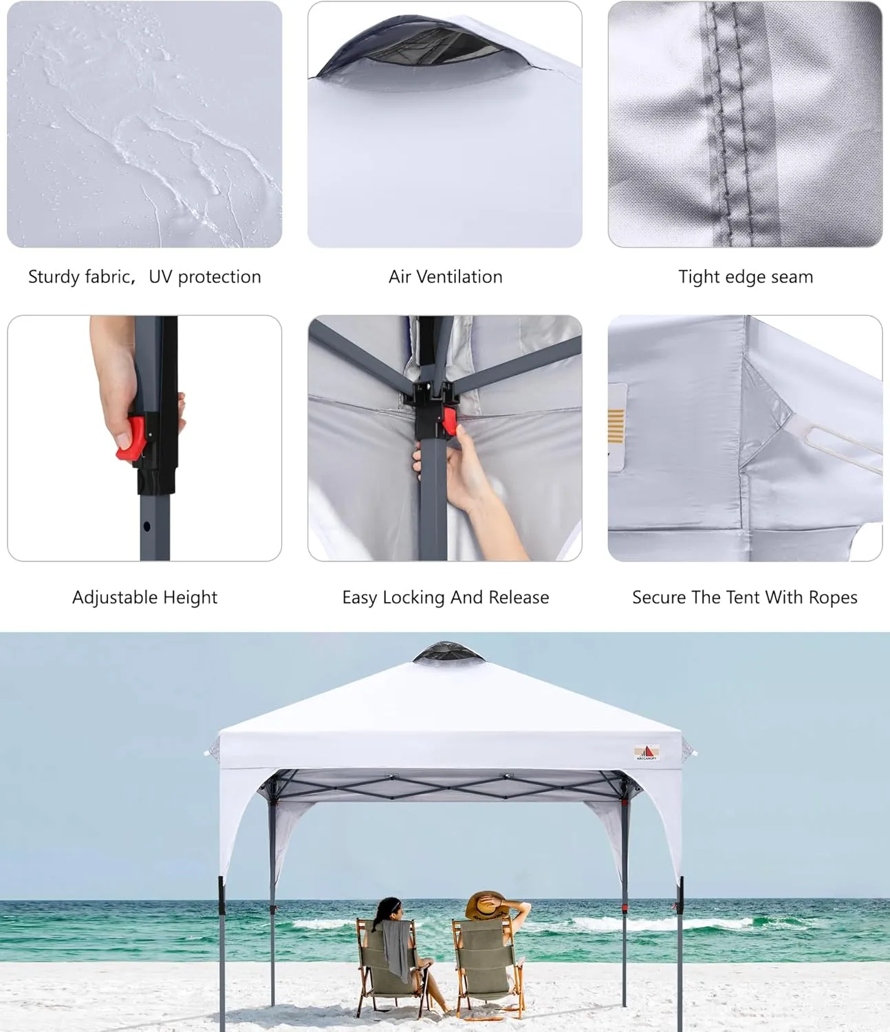 ABCCANOPY Outdoor Pop up Canopy Tent, 10x10 Instant Portable Canopy for Camping, Beach, Backyard, White
