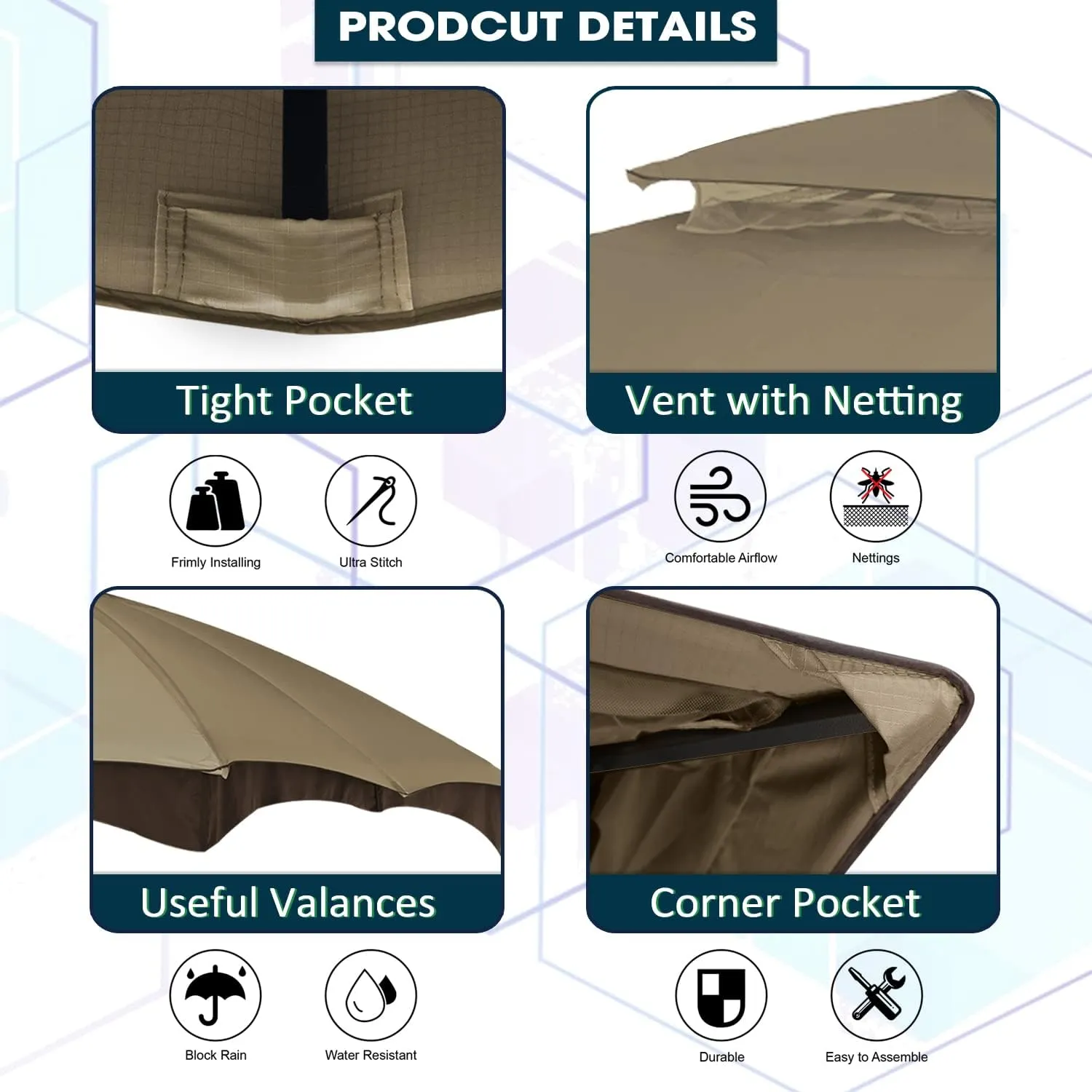 ABCCANOPY Riplock Gazebo Replacement Canopy Top for Lowe's Allen Roth #GF-12S004B-1, Khaki