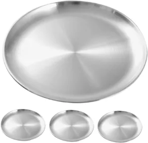 ABOOFAN 4pcs Round Stainless Steel Serving Platter Metal Dinner Plates for Bbq Camping and Outdoor Dining Easy to Clean Elegant Design for Western Meals and Desserts