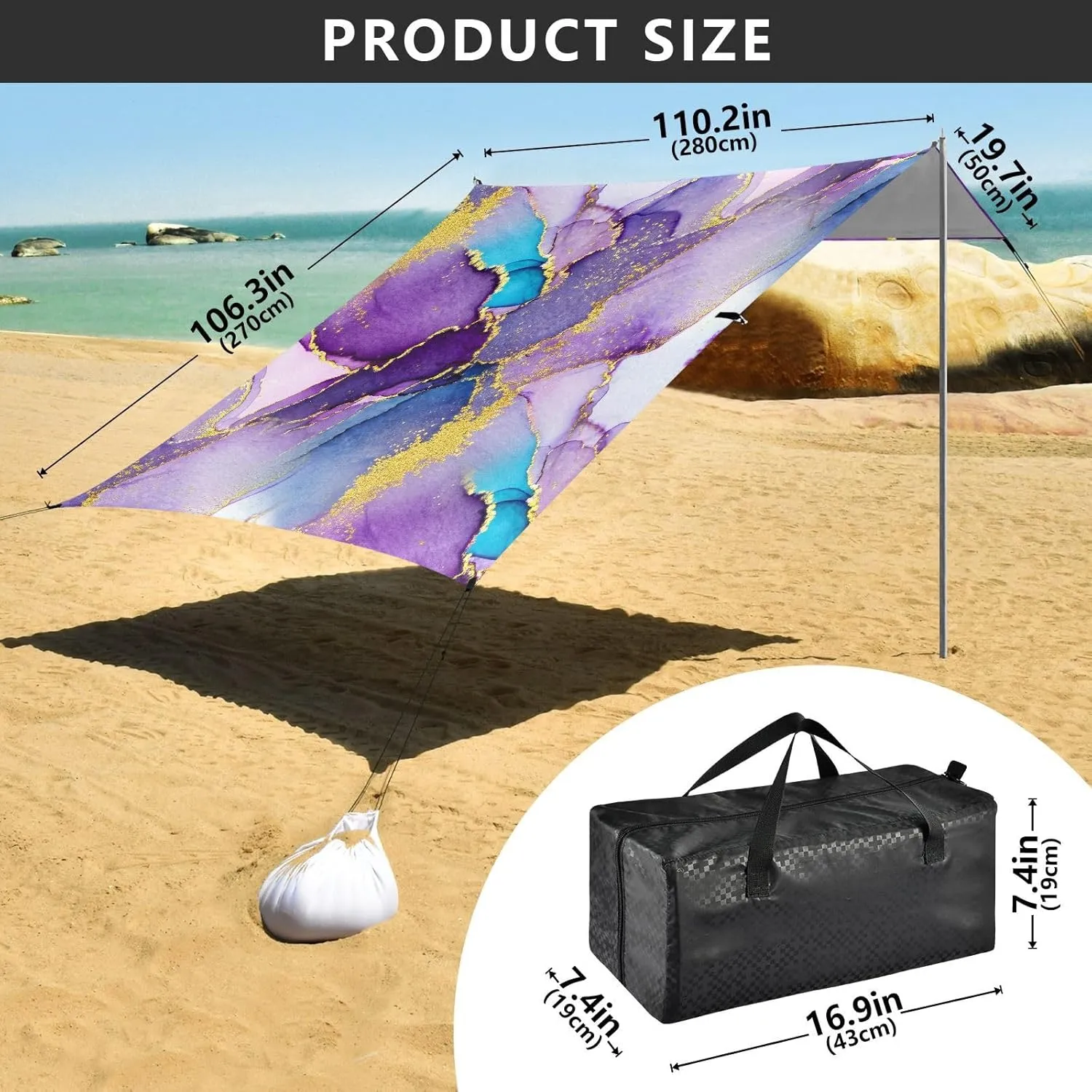 Abstract Watercolor Purple Marble Tent Beach Canopy Sun Shade Outdoor Patio Family Travel Camping Sun Shelter Windproof with Sandbags Anchor 9.2 × 10.5 FT