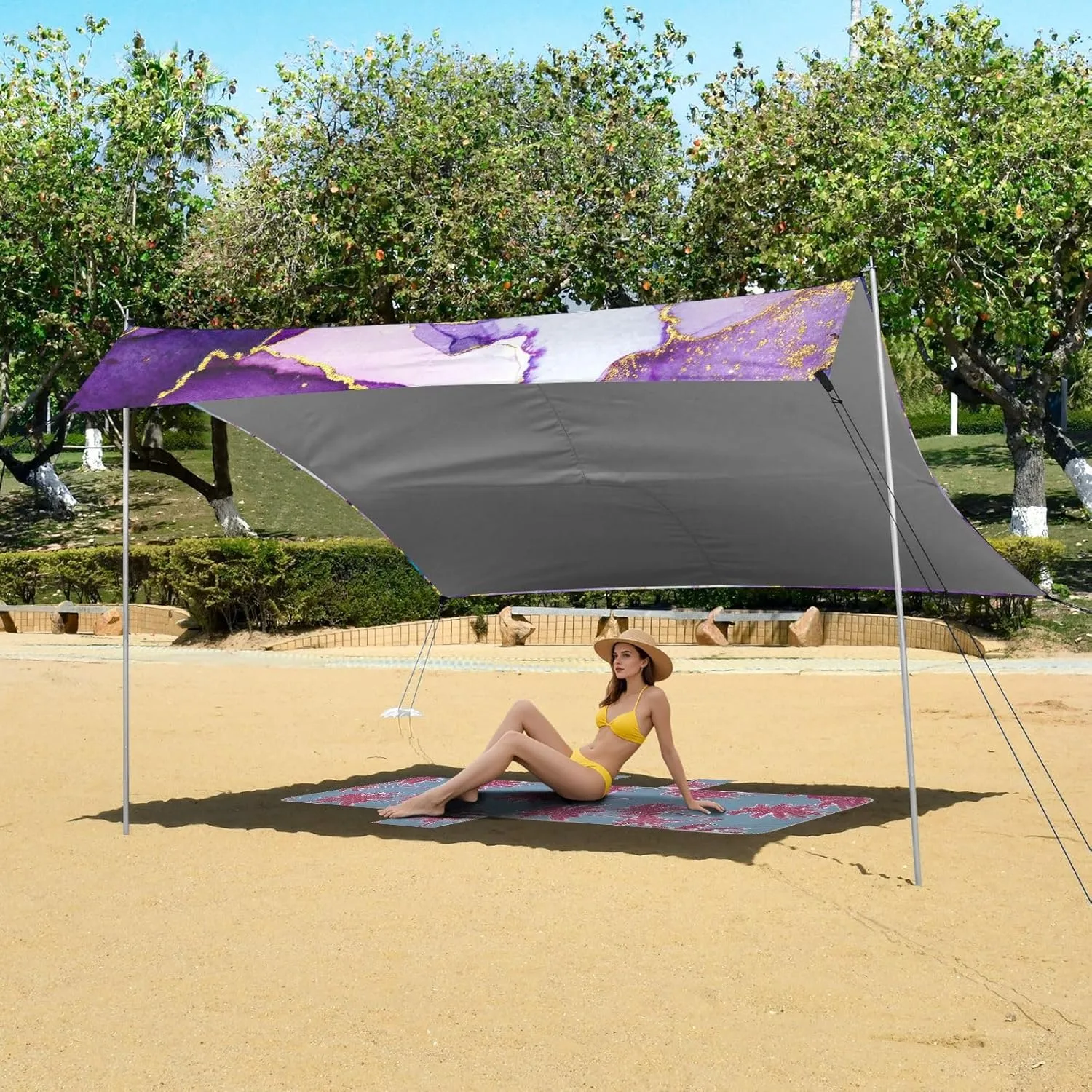 Abstract Watercolor Purple Marble Tent Beach Canopy Sun Shade Outdoor Patio Family Travel Camping Sun Shelter Windproof with Sandbags Anchor 9.2 × 10.5 FT