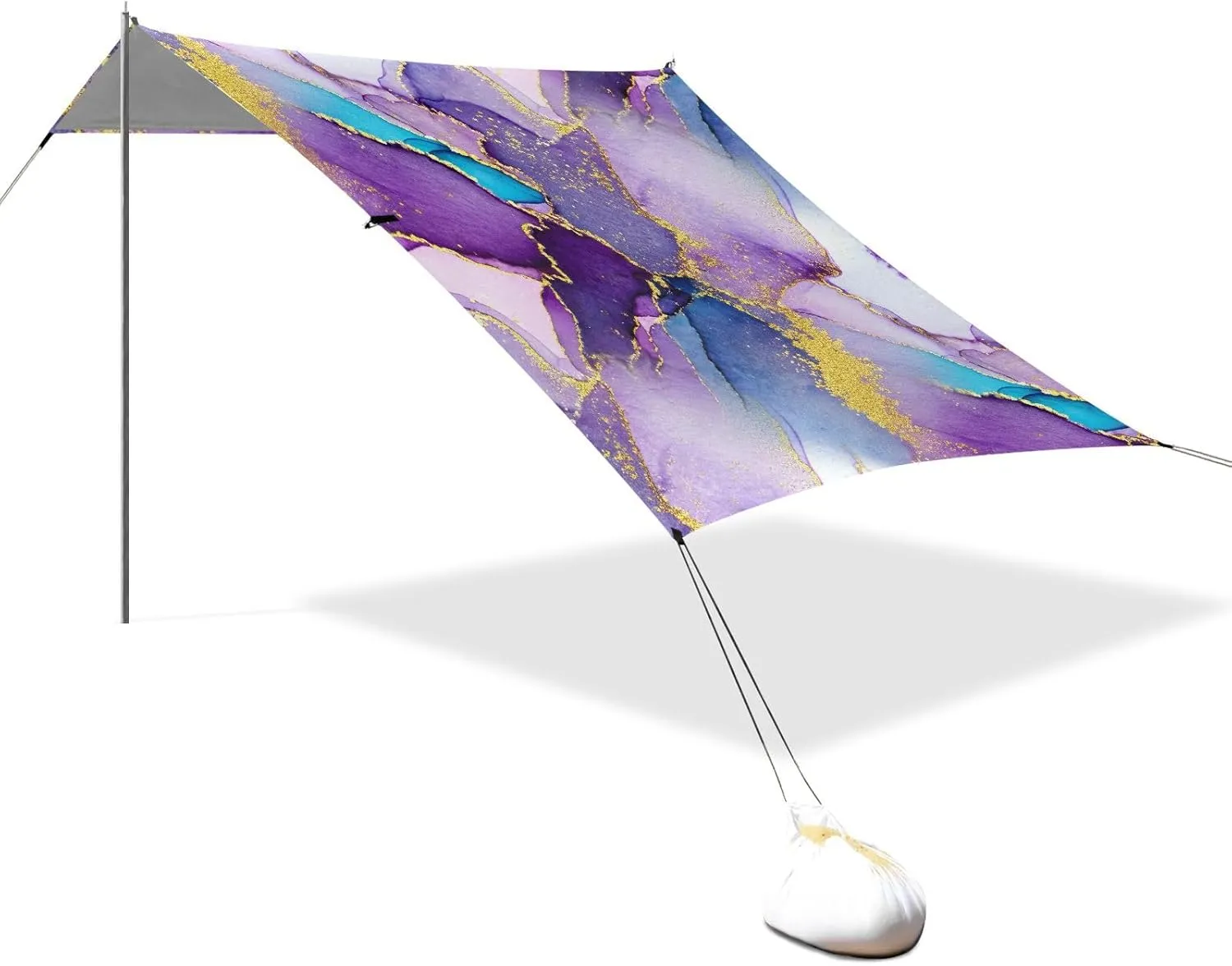 Abstract Watercolor Purple Marble Tent Beach Canopy Sun Shade Outdoor Patio Family Travel Camping Sun Shelter Windproof with Sandbags Anchor 9.2 × 10.5 FT