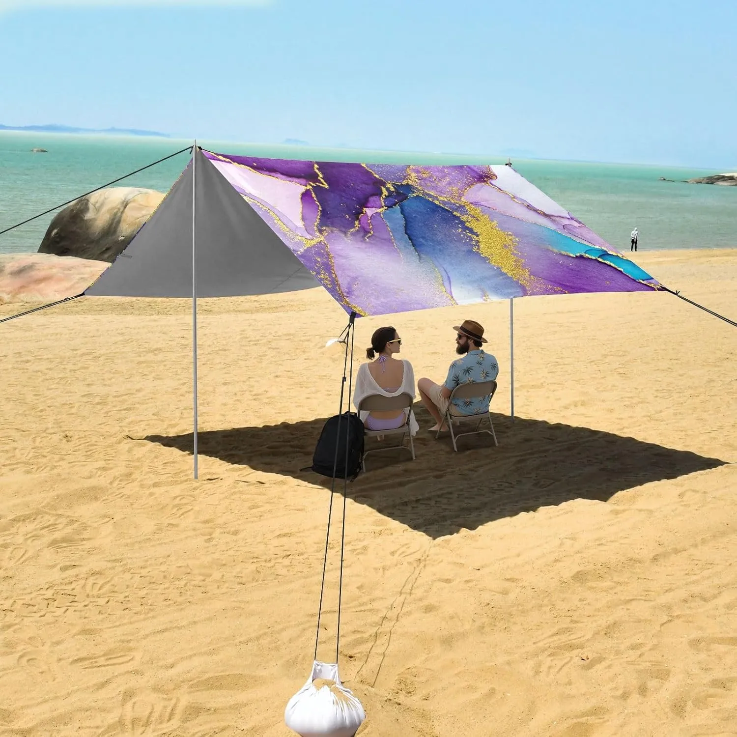Abstract Watercolor Purple Marble Tent Beach Canopy Sun Shade Outdoor Patio Family Travel Camping Sun Shelter Windproof with Sandbags Anchor 9.2 × 10.5 FT