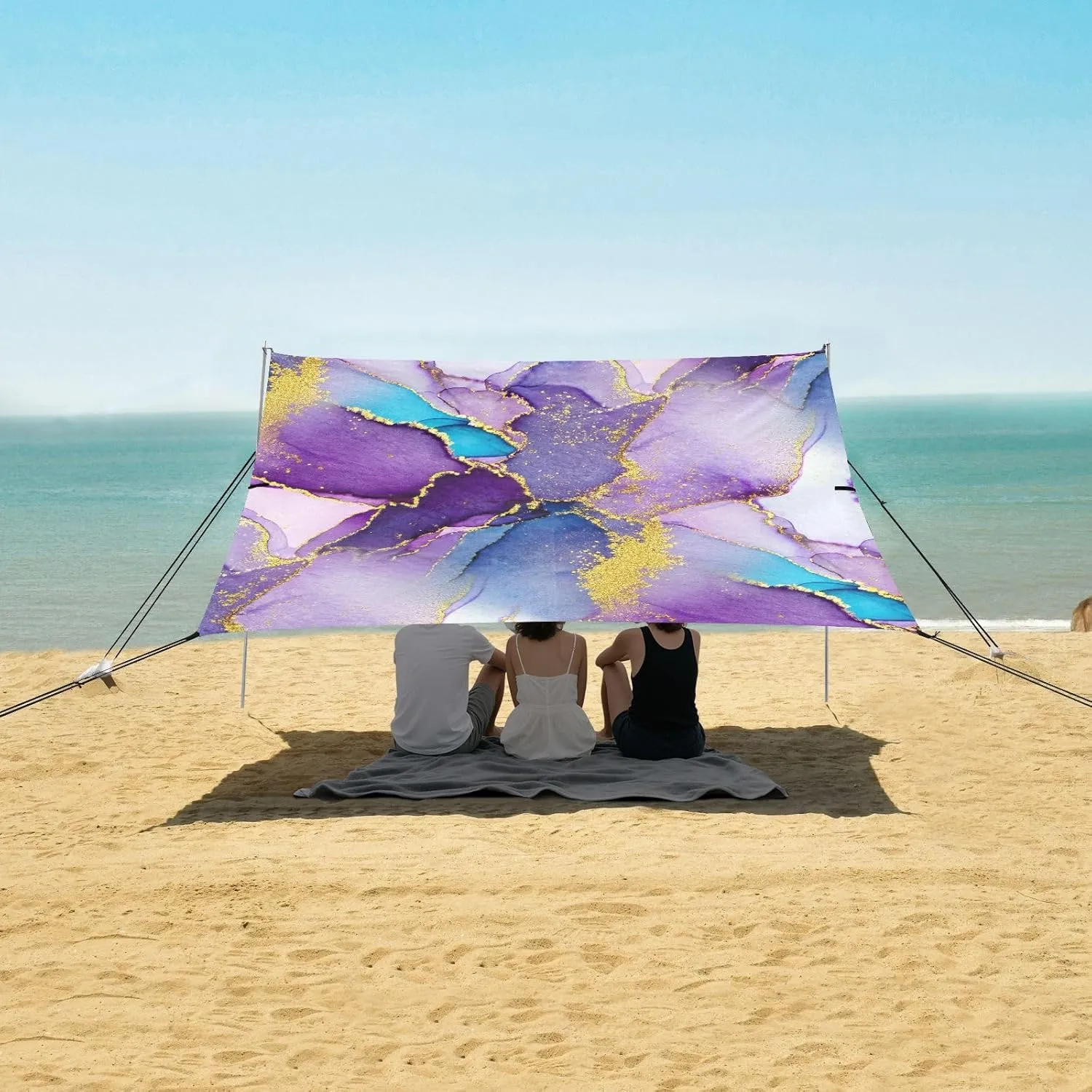 Abstract Watercolor Purple Marble Tent Beach Canopy Sun Shade Outdoor Patio Family Travel Camping Sun Shelter Windproof with Sandbags Anchor 9.2 × 10.5 FT