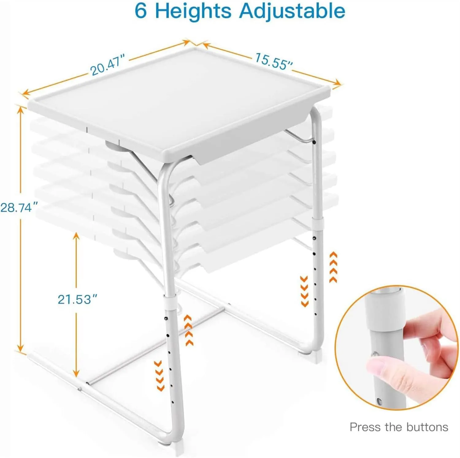 Adjustable TV Tray Table - TV Dinner Tray on Bed & Sofa, Comfortable Folding Table with 6 Height & 3 Tilt Angle Adjustments (White)