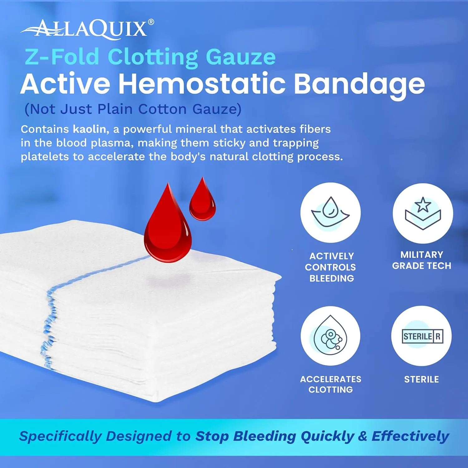 Advanced Kaolin Hemostatic Gauze – Z-Fold Sterile Clotting Bandage (3" x 3.3 ft, 2-Pack) | Stops Bleeding Fast for Emergency, Trauma, Tactical First Aid, IFAK, Survival, and Outdoor Kits
