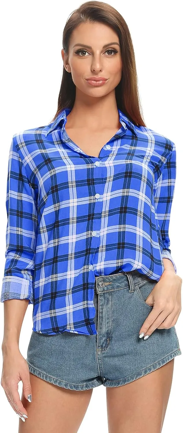 Aeslech Lightweight Plaid Shirts for Women Button Down Roll Up Sleeve Casual Tops Blouse