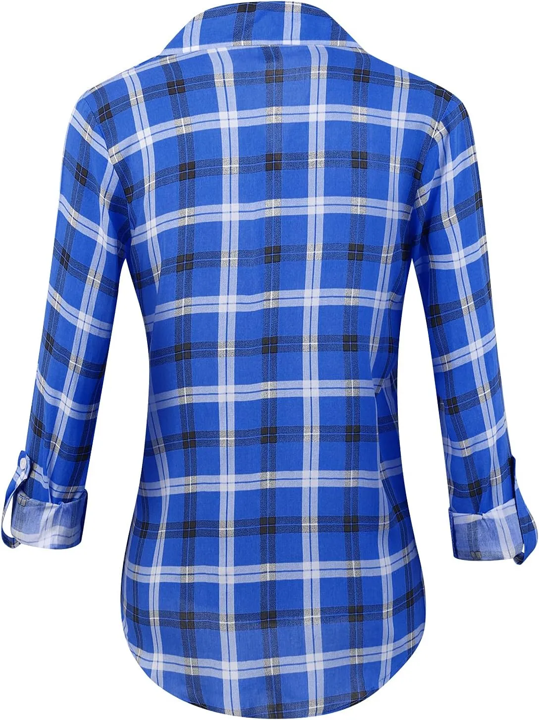 Aeslech Lightweight Plaid Shirts for Women Button Down Roll Up Sleeve Casual Tops Blouse