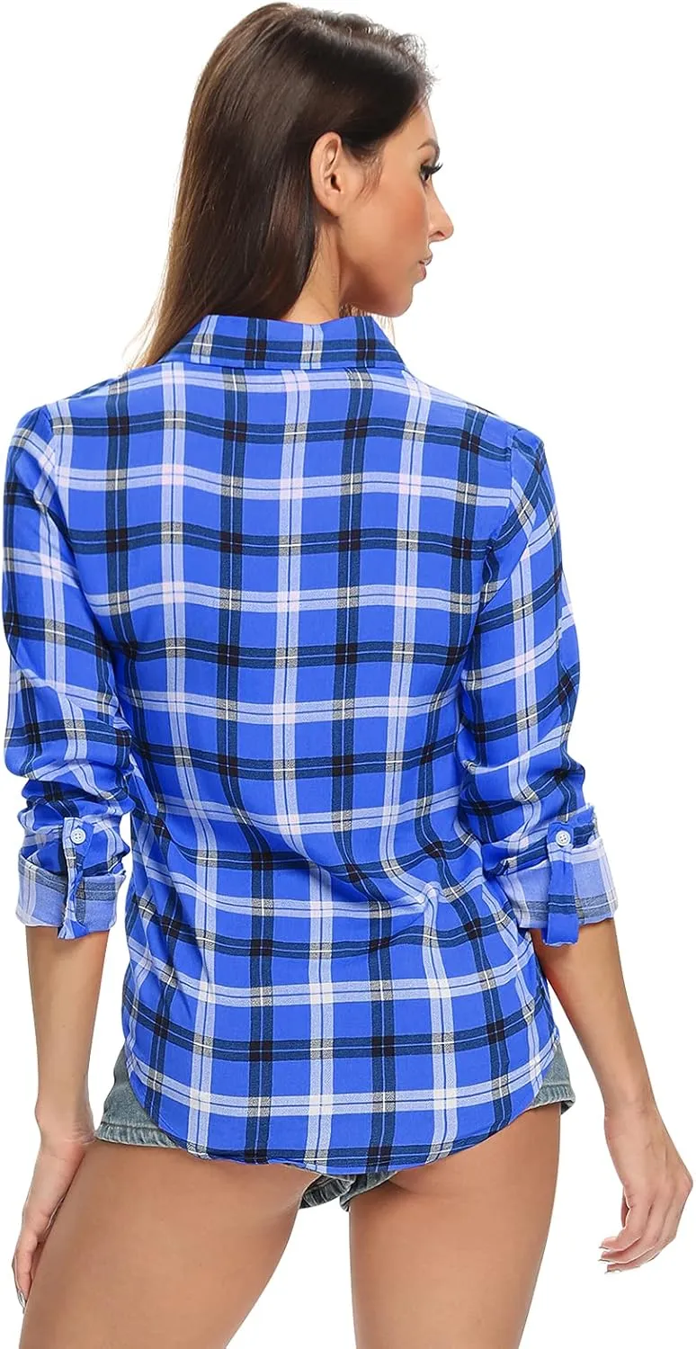 Aeslech Lightweight Plaid Shirts for Women Button Down Roll Up Sleeve Casual Tops Blouse