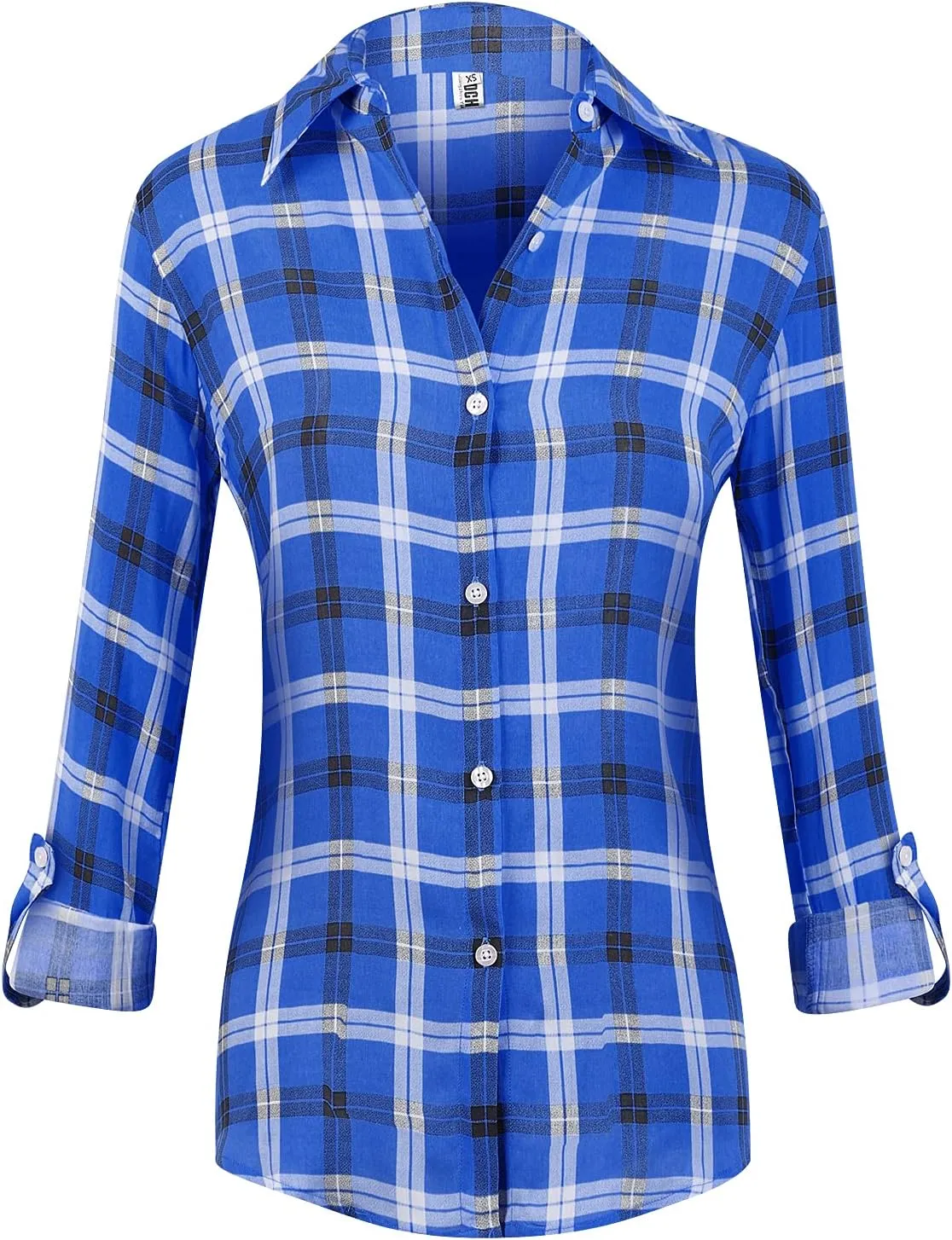 Aeslech Lightweight Plaid Shirts for Women Button Down Roll Up Sleeve Casual Tops Blouse