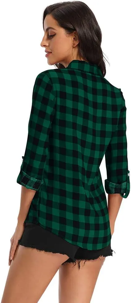 Aeslech Lightweight Plaid Shirts for Women Button Down Roll Up Sleeve Casual Tops Blouse