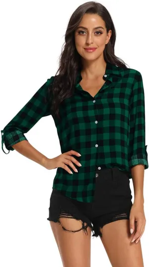 Aeslech Lightweight Plaid Shirts for Women Button Down Roll Up Sleeve Casual Tops Blouse