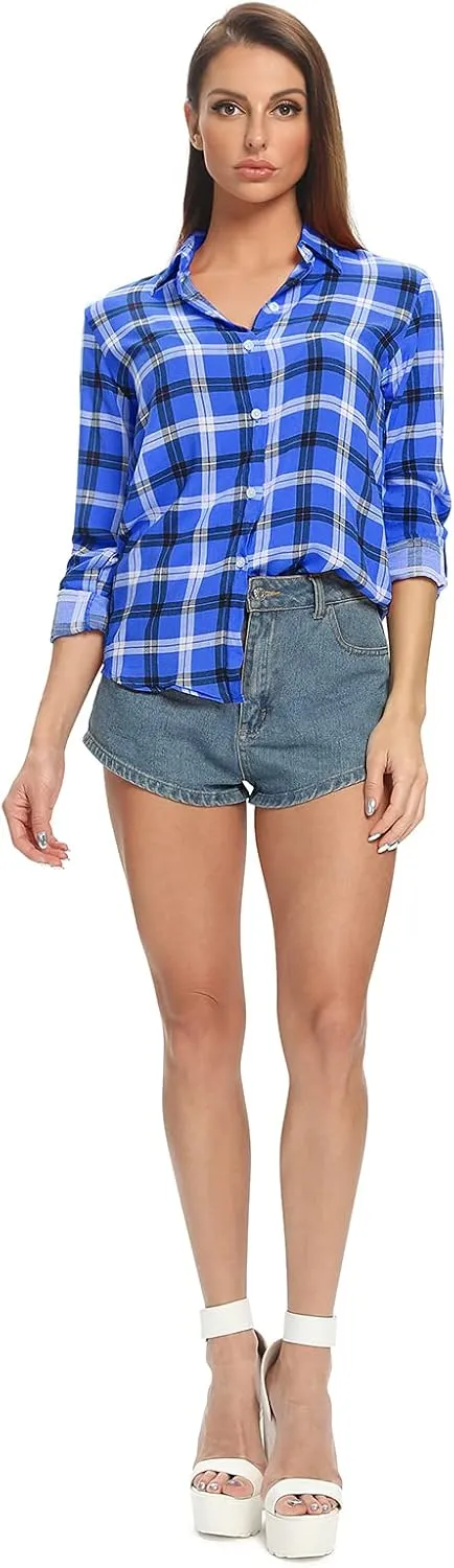 Aeslech Lightweight Plaid Shirts for Women Button Down Roll Up Sleeve Casual Tops Blouse