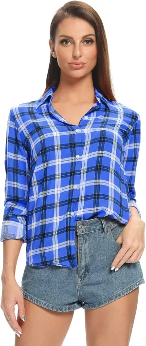 Aeslech Lightweight Plaid Shirts for Women Button Down Roll Up Sleeve Casual Tops Blouse