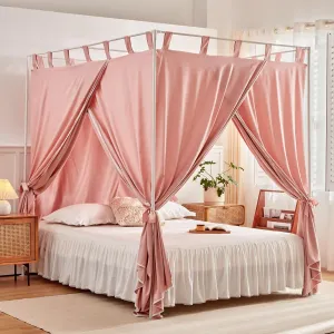 AIKASY Bean Paste Canopy Bed Curtains with Top Ties and Tie Backs for Bedroom Decoration - King Size Bed Curtains with Windproof and Lightproof Features