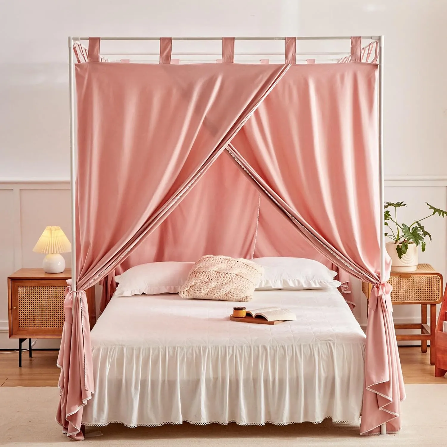 AIKASY Bean Paste Canopy Bed Curtains with Top Ties and Tie Backs for Bedroom Decoration - King Size Bed Curtains with Windproof and Lightproof Features
