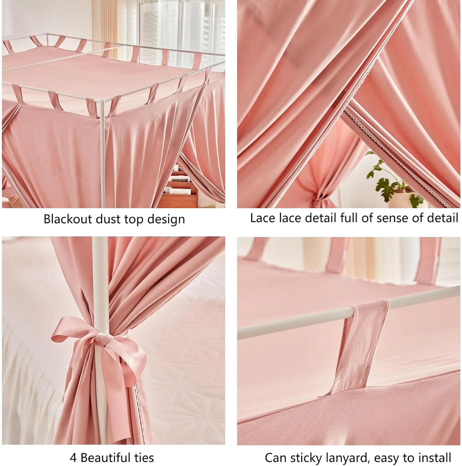 AIKASY Bean Paste Canopy Bed Curtains with Top Ties and Tie Backs for Bedroom Decoration - King Size Bed Curtains with Windproof and Lightproof Features