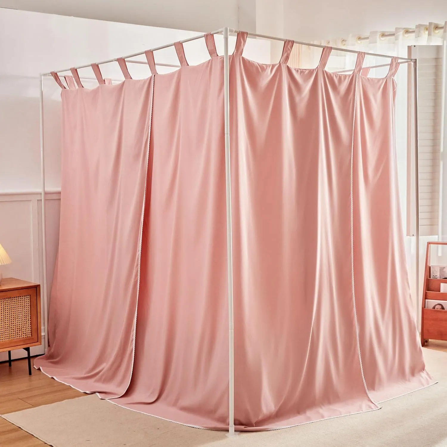 AIKASY Bean Paste Canopy Bed Curtains with Top Ties and Tie Backs for Bedroom Decoration - King Size Bed Curtains with Windproof and Lightproof Features
