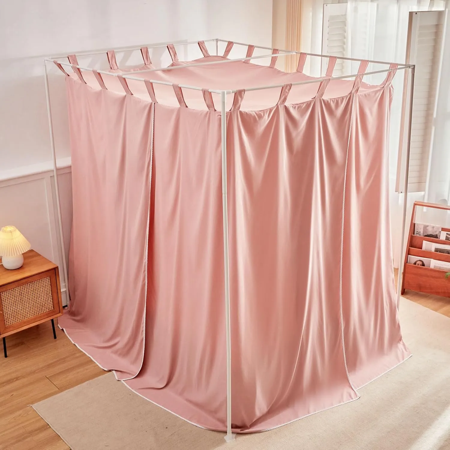 AIKASY Bean Paste Canopy Bed Curtains with Top Ties and Tie Backs for Bedroom Decoration - King Size Bed Curtains with Windproof and Lightproof Features