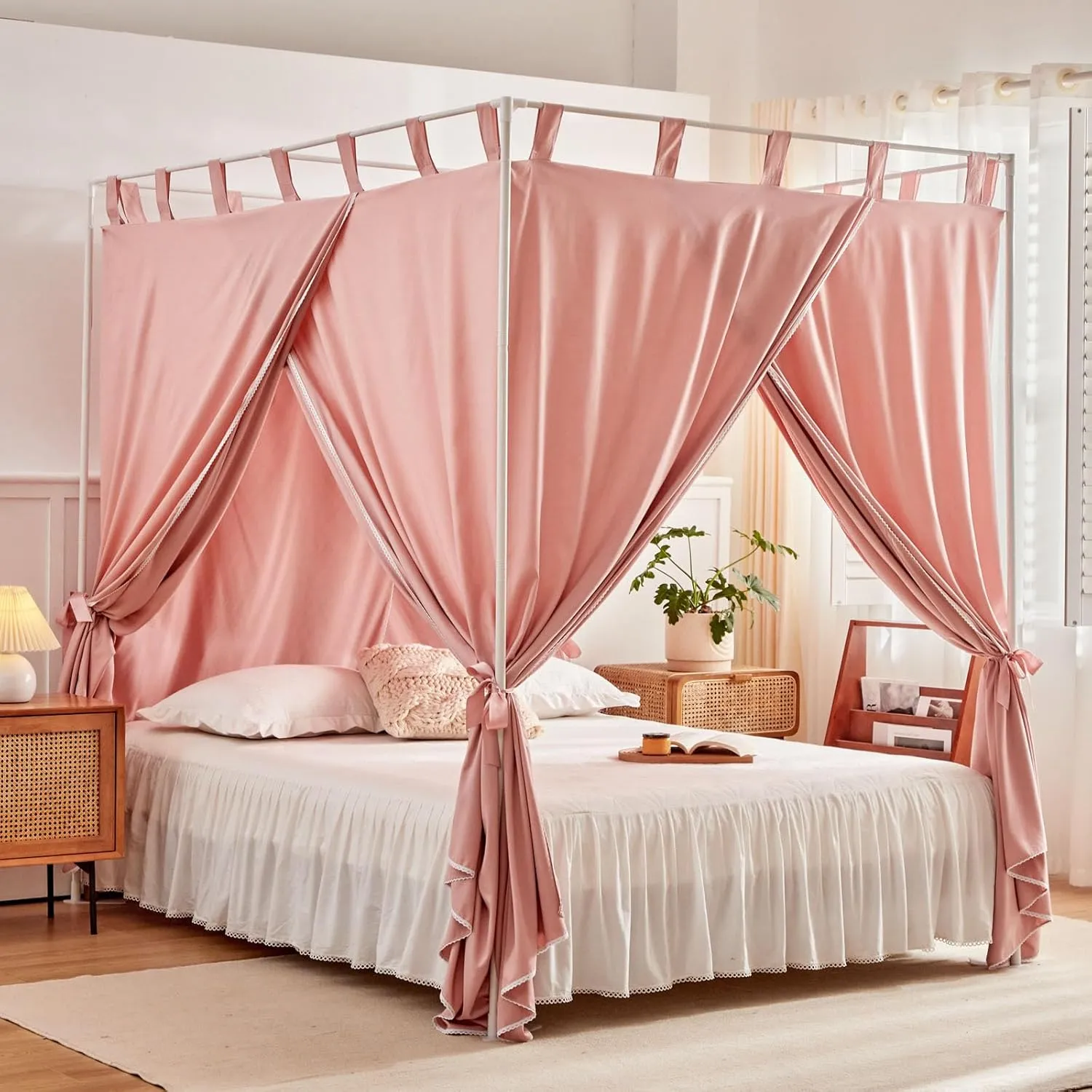 AIKASY Bean Paste Canopy Bed Curtains with Top Ties and Tie Backs for Bedroom Decoration - King Size Bed Curtains with Windproof and Lightproof Features