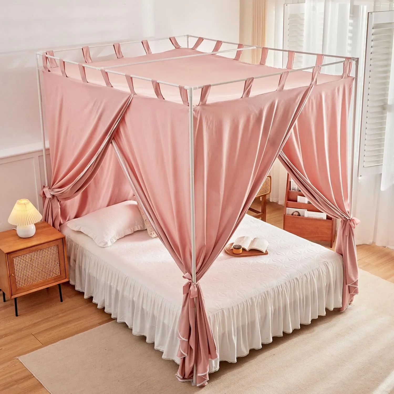 AIKASY Bean Paste Canopy Bed Curtains with Top Ties and Tie Backs for Bedroom Decoration - King Size Bed Curtains with Windproof and Lightproof Features