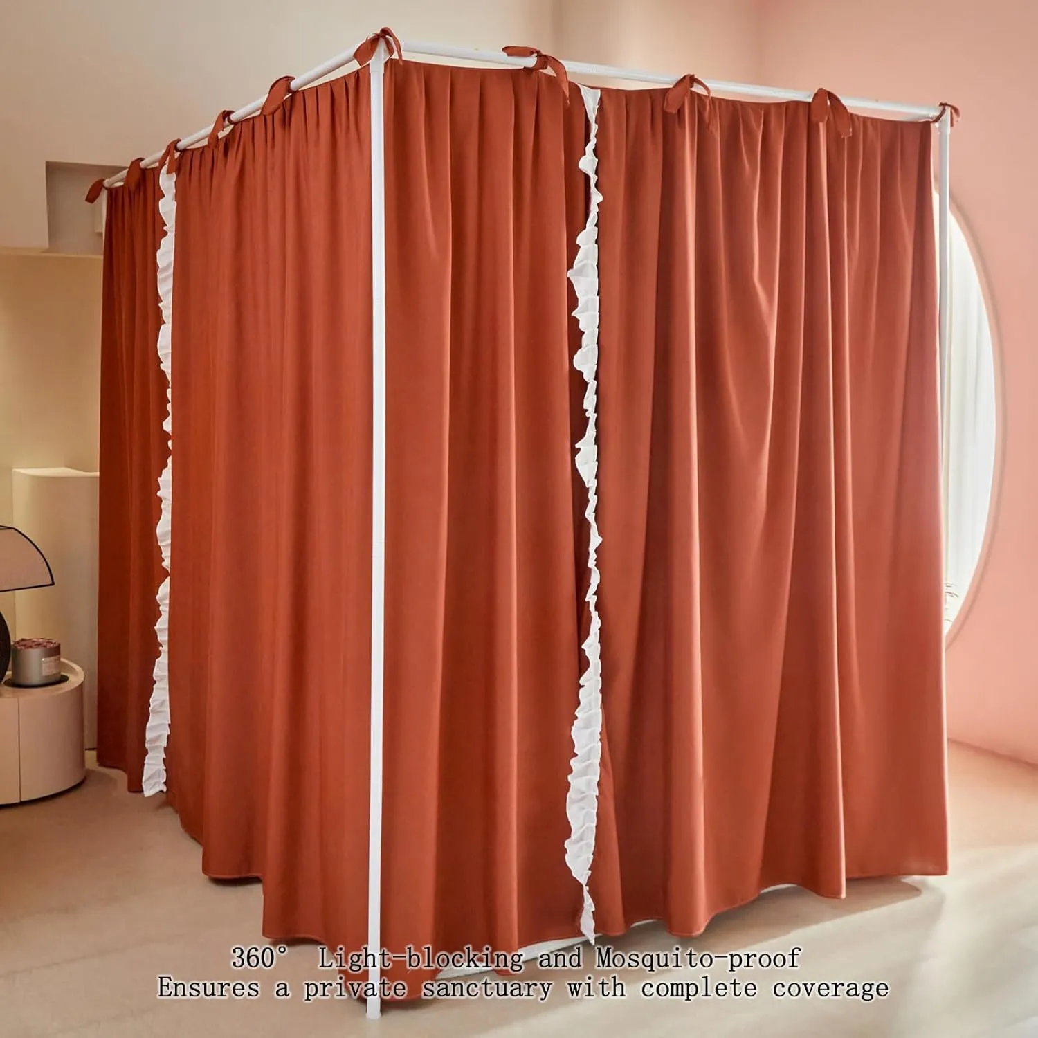 AIKASY Princess Canopy Bed Curtains with Top Ties - Windproof & Lightproof for Girls' Adult Bedroom Decor | Bed Canopy Drapes (Full,Bean Paste)