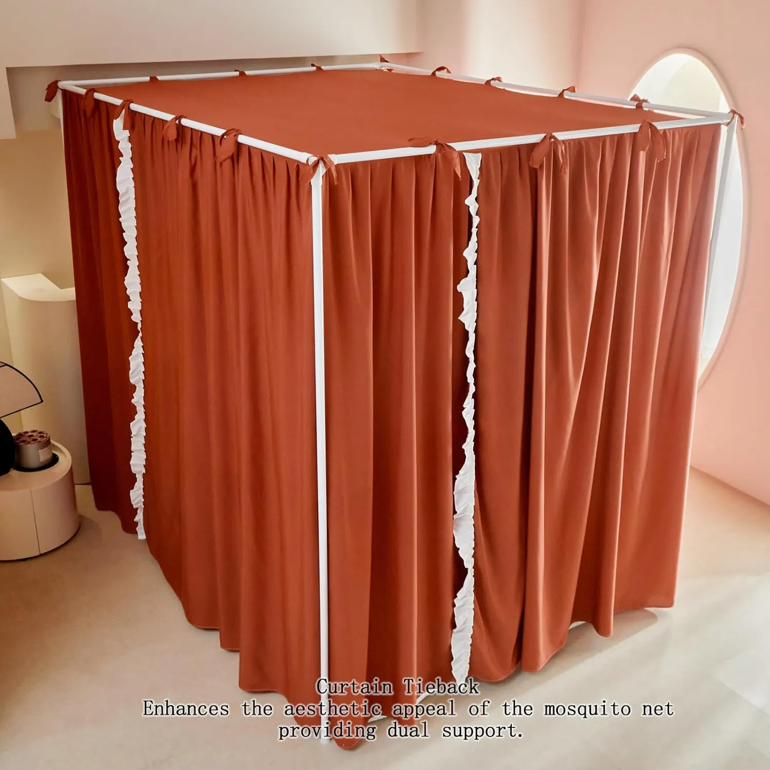AIKASY Princess Canopy Bed Curtains with Top Ties - Windproof & Lightproof for Girls' Adult Bedroom Decor | Bed Canopy Drapes (Full,Bean Paste)