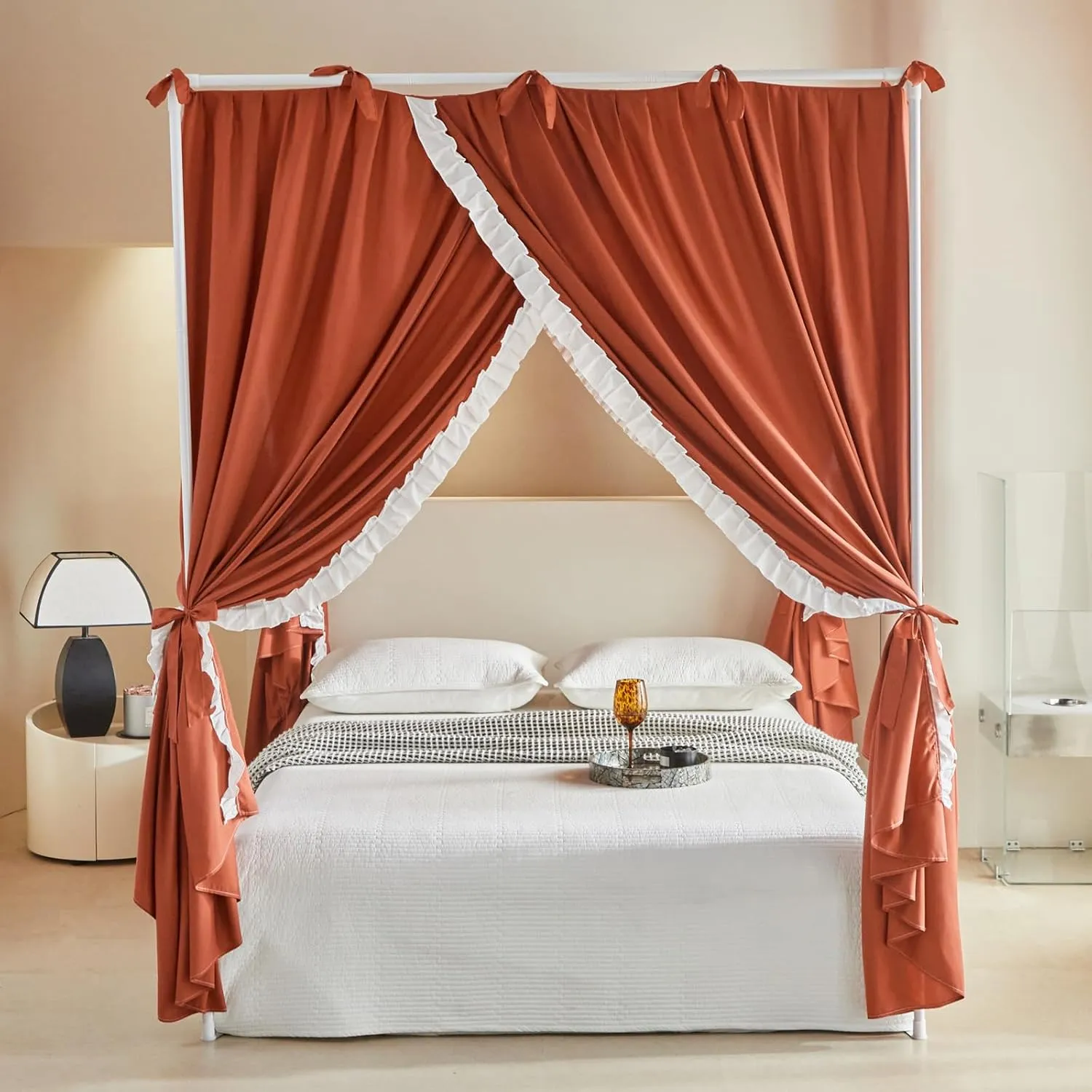 AIKASY Princess Canopy Bed Curtains with Top Ties - Windproof & Lightproof for Girls' Adult Bedroom Decor | Bed Canopy Drapes (Full,Bean Paste)