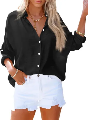 AISEW Womens Button Down V Neck Collared Shirts Dressy Casual Long Sleeve Roll Up Blouses Loose Cover Ups Tunic Tops
