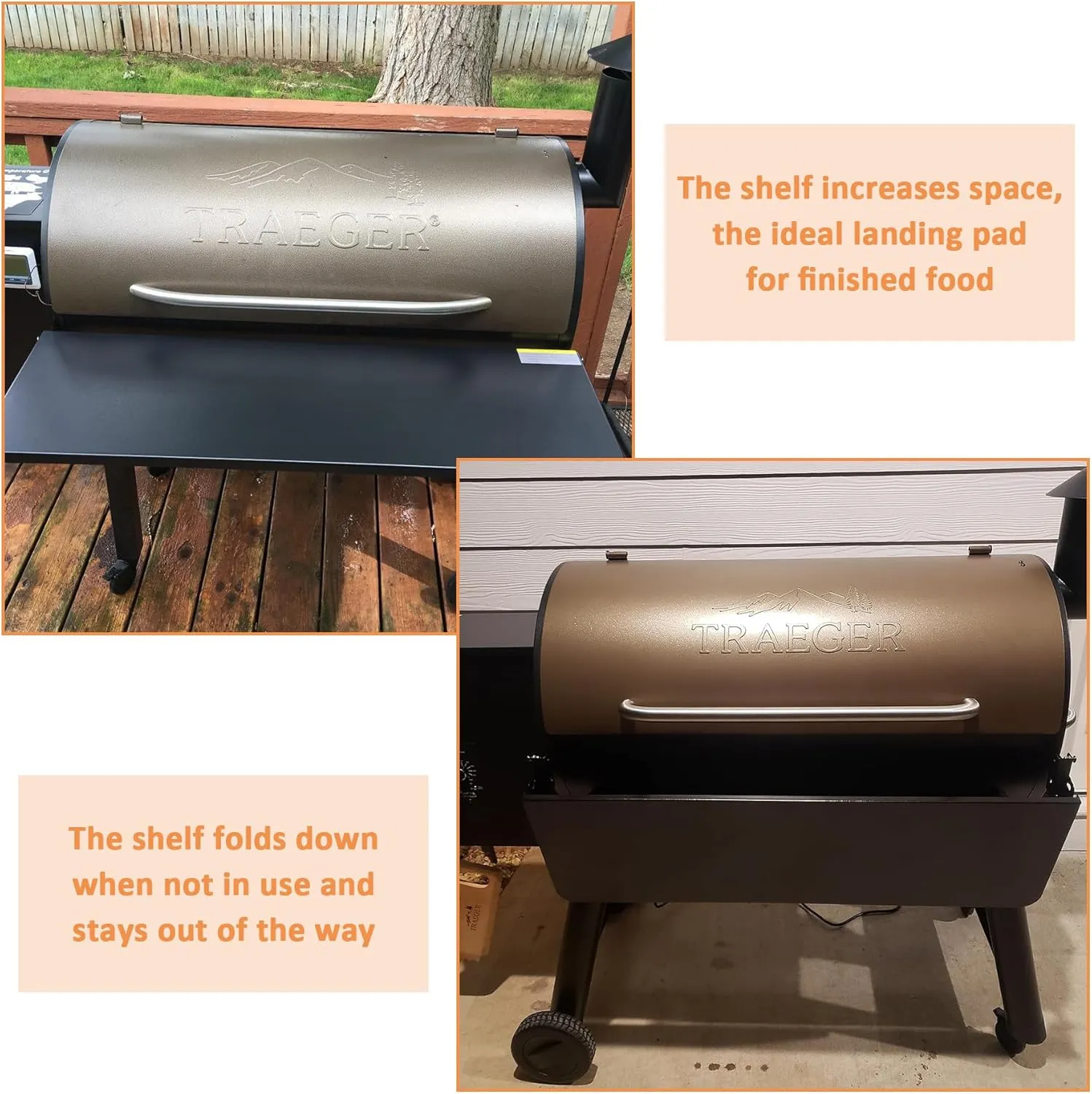 AJinTeby Folding Front Shelf with Bracket Fits for Traeger 34 Series Pellet Grills and Traeger Lil' Tex | Black Porcelain Steel (BAC363)