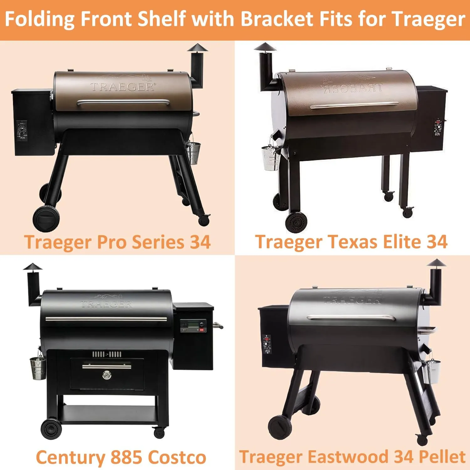 AJinTeby Folding Front Shelf with Bracket Fits for Traeger 34 Series Pellet Grills and Traeger Lil' Tex | Black Porcelain Steel (BAC363)