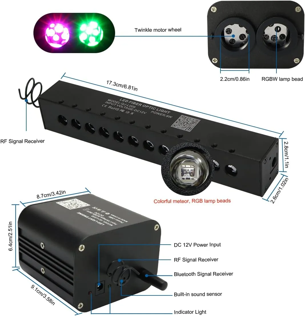 AKEPO 20W RGBW Twinkle Dual-Head Different Color APP Fiber Optic Lights, Colorful Meteor Light Kit 900pcs 0.03in 9.8ft Optical Fiber Star Ceiling Light Kit for Car Headliner Star/Home